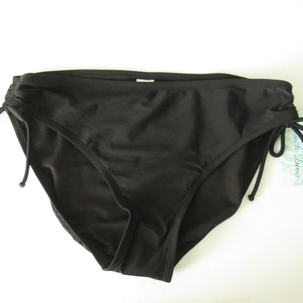 New Beach Diva Bikini Bottom 16 Black Ruched Side Tie Swim Suit Plus‎ Size